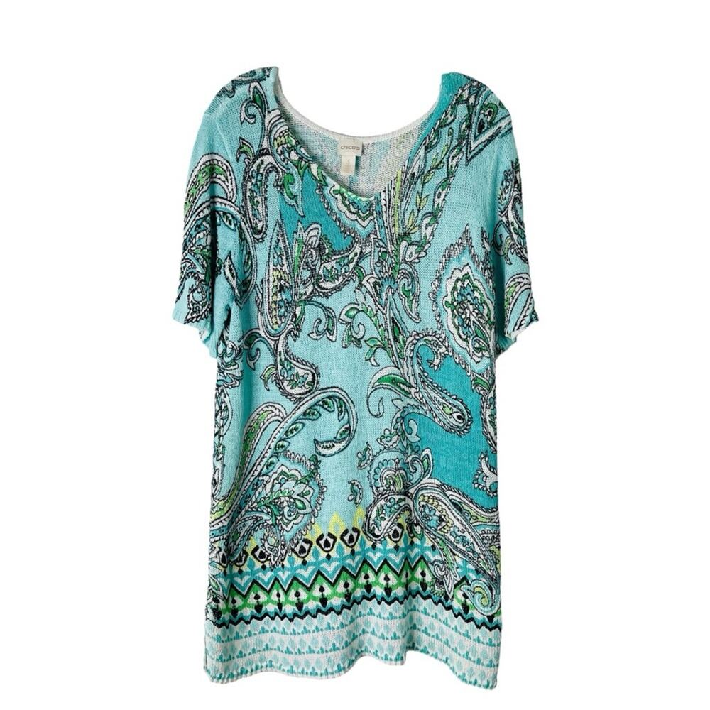 Chico’s blue white floral linen boho coastal knit lightweight sweater top XL
